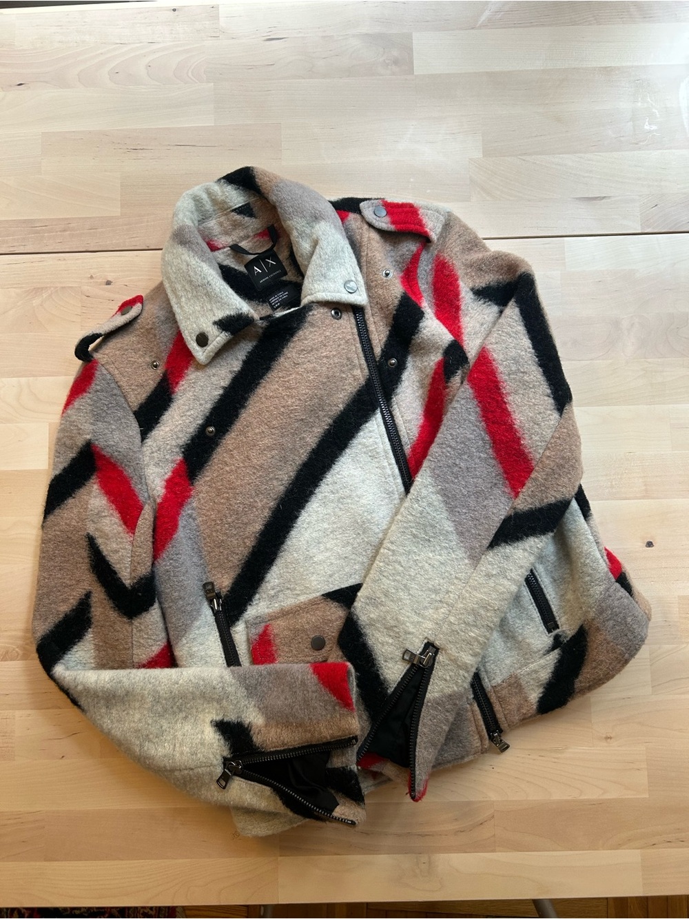 A/X Armani Exchange Red, Black & Tan Chevron Wool-Blend Moto Jacket